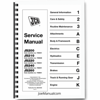 JCB JS200 JS210 JS220 JS240 JS260 Excavators Service Manual 9803/6400 Printed Book