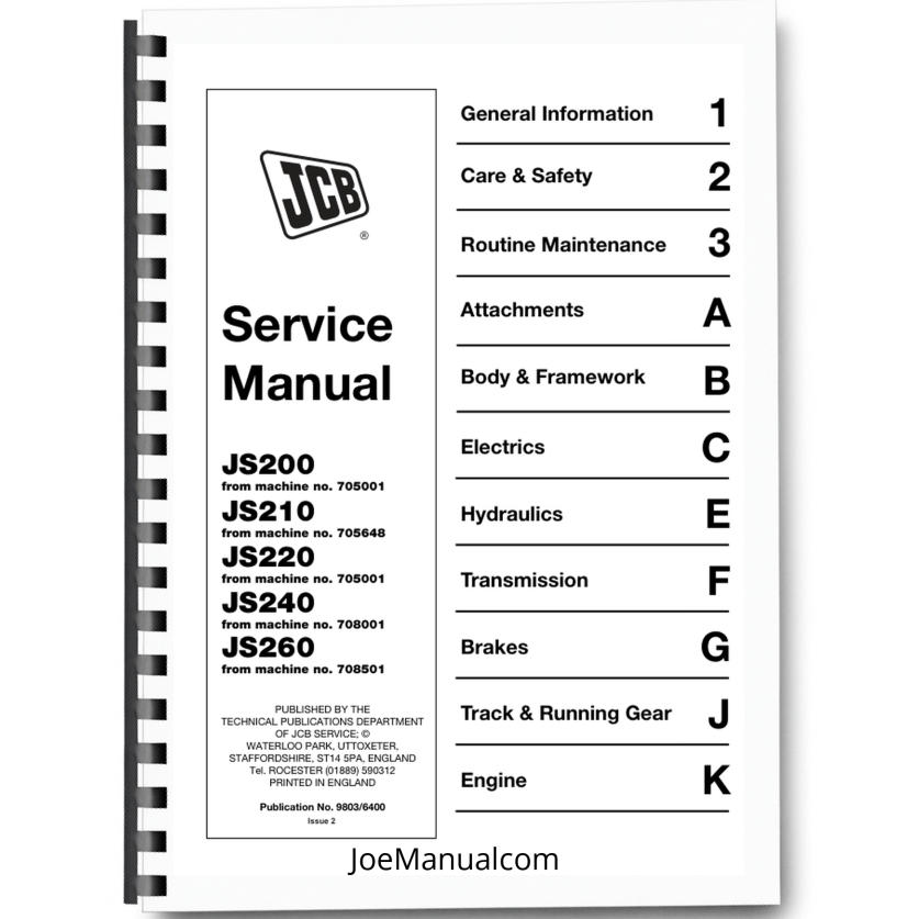 JCB JS200 JS210 JS220 JS240 JS260 Excavators Service Manual 9803/6400 Printed Book