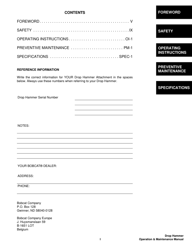 Bobcat Drop Hammer Attachment Operators Manual 005800101 - Image 3