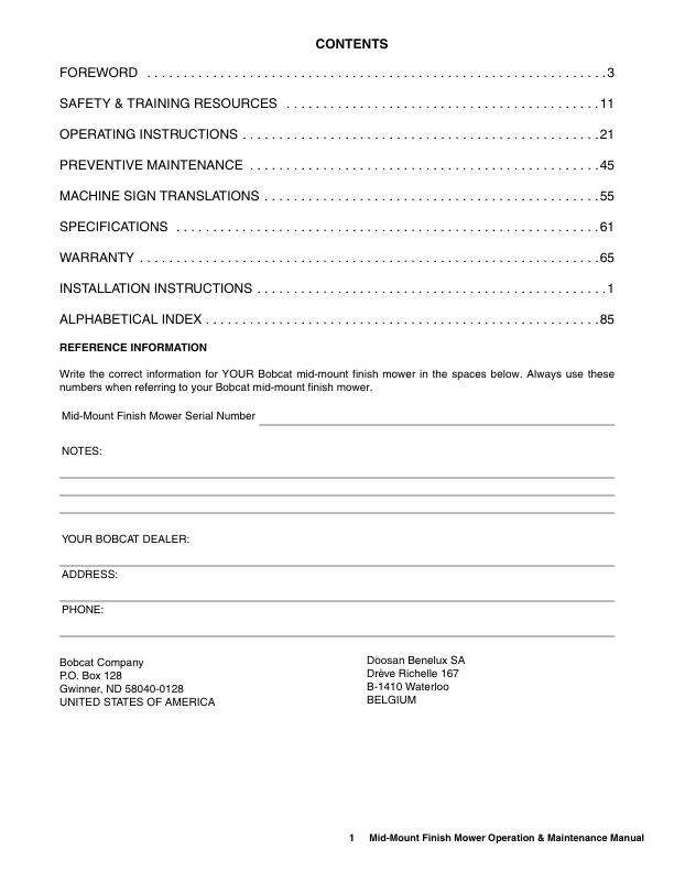 Bobcat MM54 MM66 Mid Mount Finish Mower Operation and Maintenance Manual - Image 4