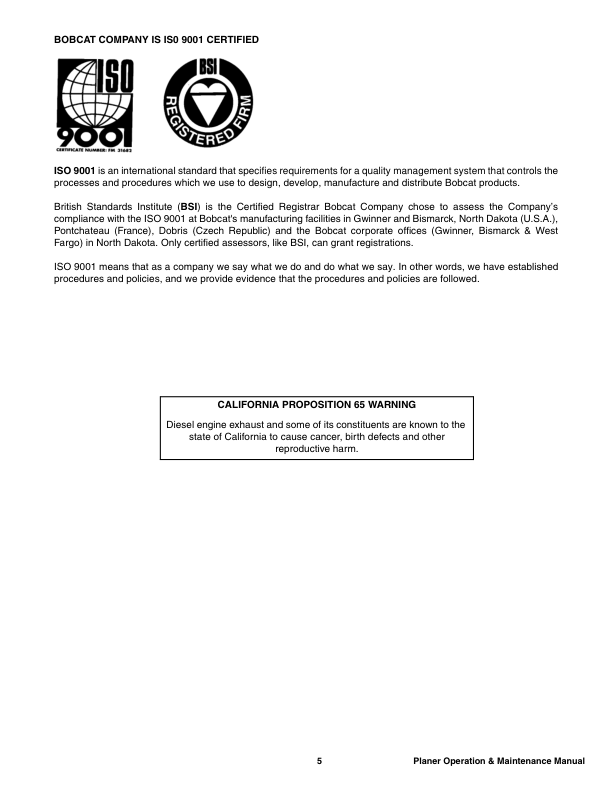 Bobcat Planer 18 Inch 24 Inch Operation and Maintenance Manual Rev 05 11 - Image 3