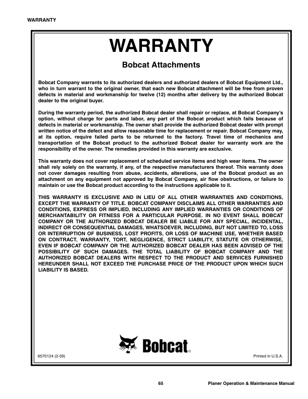 Bobcat Planer 18 Inch 24 Inch Operation and Maintenance Manual Rev 05 11 - Image 8