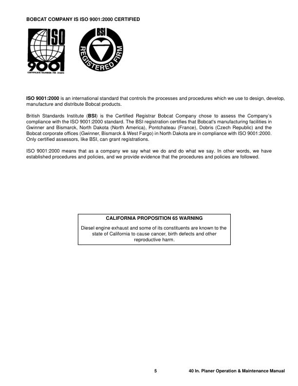 Bobcat Planer 40 Inch Operation and Maintenance Manual Rev 09 09 - Image 4