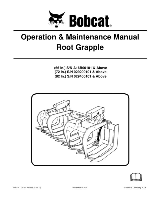 Bobcat Root Grapple 66 72 82 Inch Attachment Operation and Maintenance Manual 2008 - Image 2