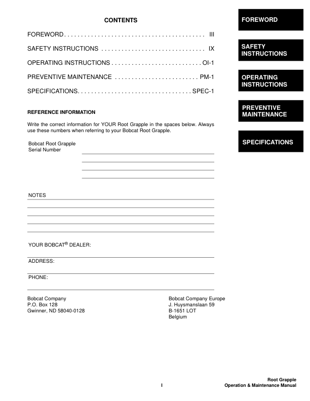 Bobcat Root Grapple 82 Inch Attachment Operation and Maintenance Manual A2MW00101 - Image 3