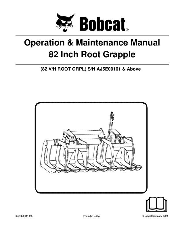 Bobcat Root Grapple 82 Inch Attachment Operation and Maintenance Manual AJ5E00101 - Image 2