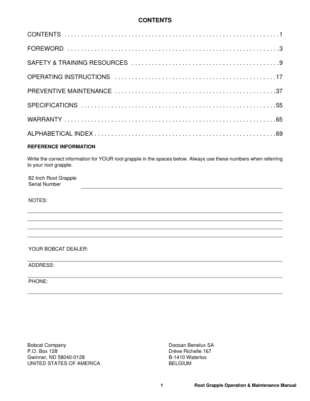 Bobcat Root Grapple 82 Inch Attachment Operation and Maintenance Manual AJ5E00101 - Image 3