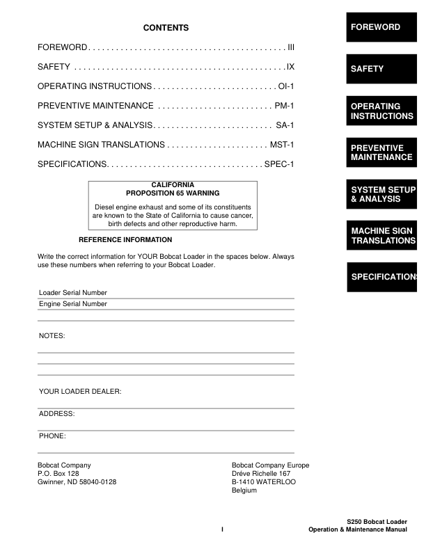 Bobcat S250 Loader Operation and Maintenance Manual 5207 5208 - Image 4