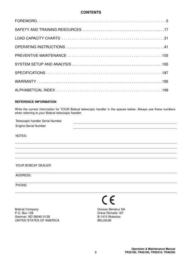 Bobcat TR35160 TR45190 TR50210 TR40250 Telescopic Handler Operation and Maintenance Manual - Image 4
