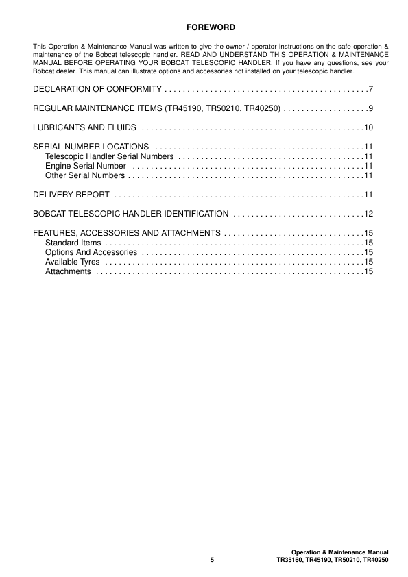 Bobcat TR35160 TR45190 TR50210 TR40250 Telescopic Handler Operation and Maintenance Manual - Image 5