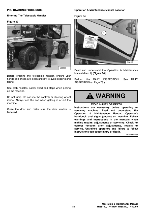 Bobcat TR35160 TR45190 TR50210 TR40250 Telescopic Handler Operation and Maintenance Manual - Image 12