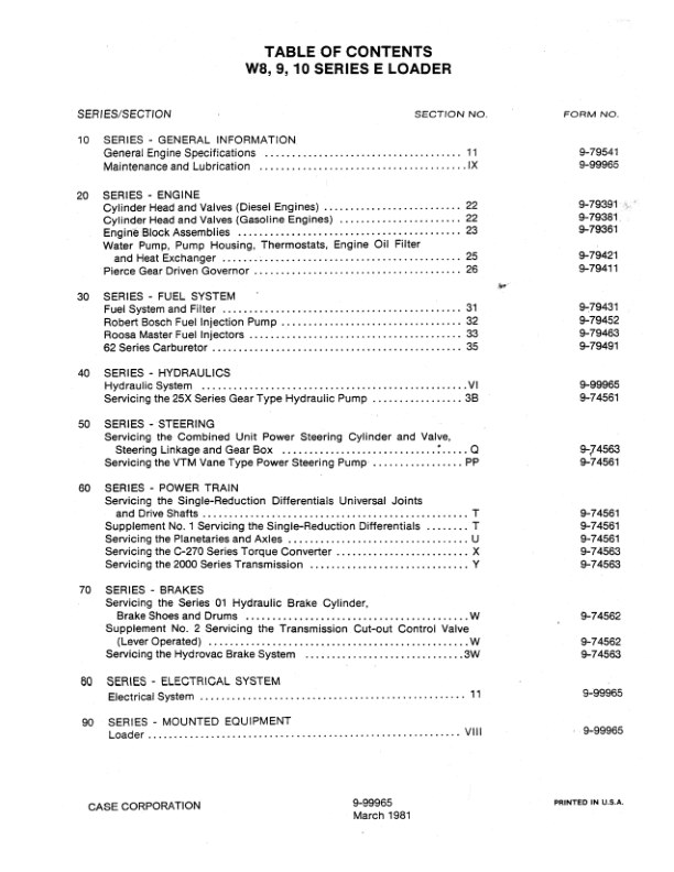 CASE W8 W9 W10 Loader Service Manual - Image 4