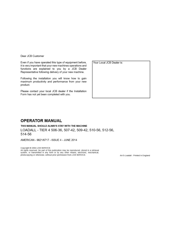 JCB 506-36 507-42 509-42 510-56 512-56 514-56 Loadall Tier 4 Operation Manual Printed Book - Image 2