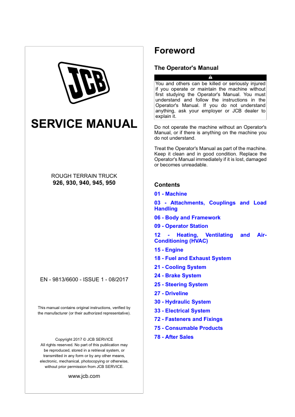 JCB 926 930 940 945 950 Rough Terrain Truck Forklift Service Manual 9813/6600 Printed Book - Image 2
