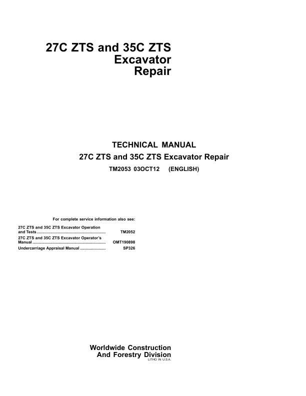 John Deere 27C ZTS 35C ZTS Excavator Repair Manual TM2053 - Image 2