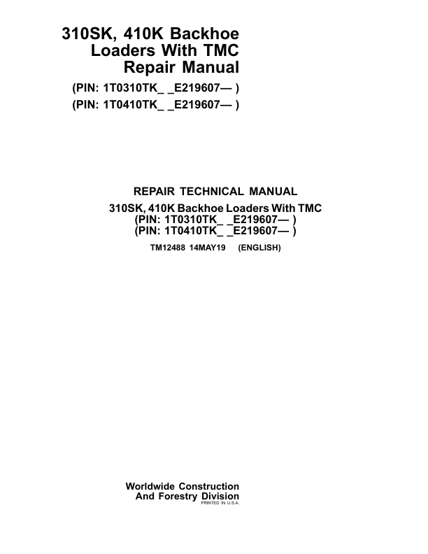 John Deere 310SK 410K TMC Backhoe Loader Repair Manual TM12488 - Image 2