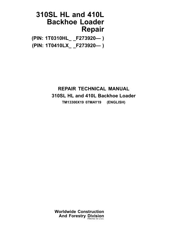 John Deere 310SL HL 410L Backhoe Loader Repair Manual TM13300X19 - Image 2