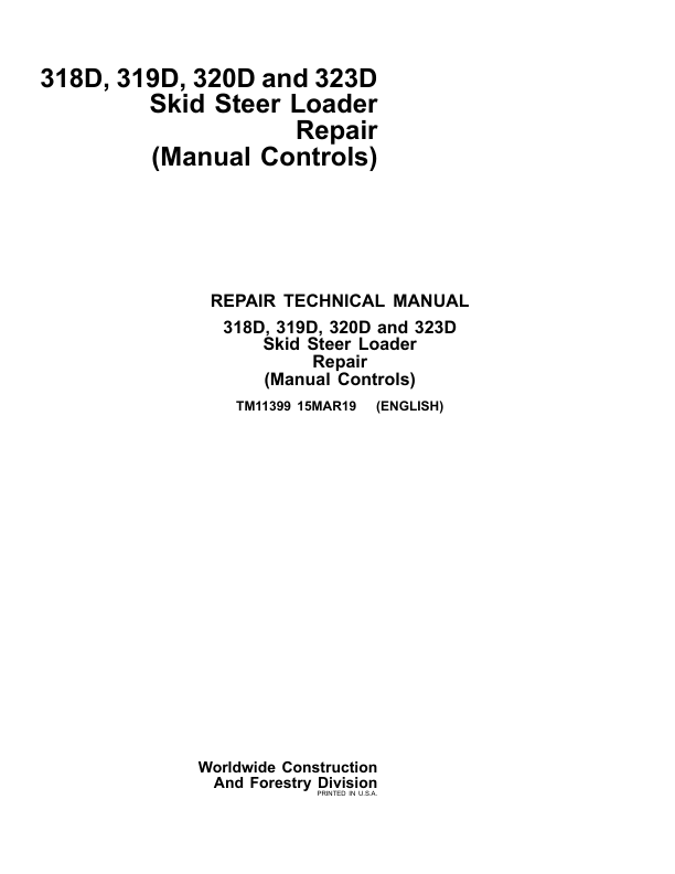 John Deere 318D 319D 320D 323D Skid Steer Loader Repair Manual TM11399 - Image 2