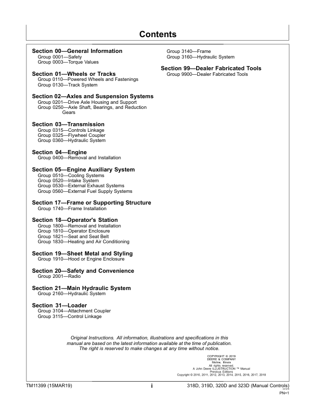 John Deere 318D 319D 320D 323D Skid Steer Loader Repair Manual TM11399 - Image 4