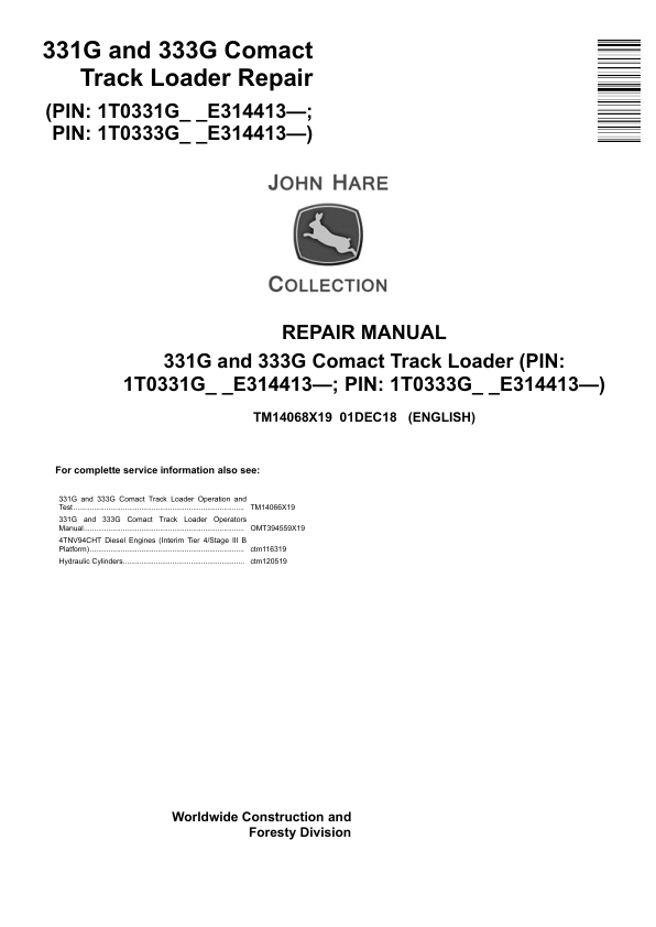 John Deere 331G 333G Compact Track Loader Repair Manual TM14068X19 - Image 2