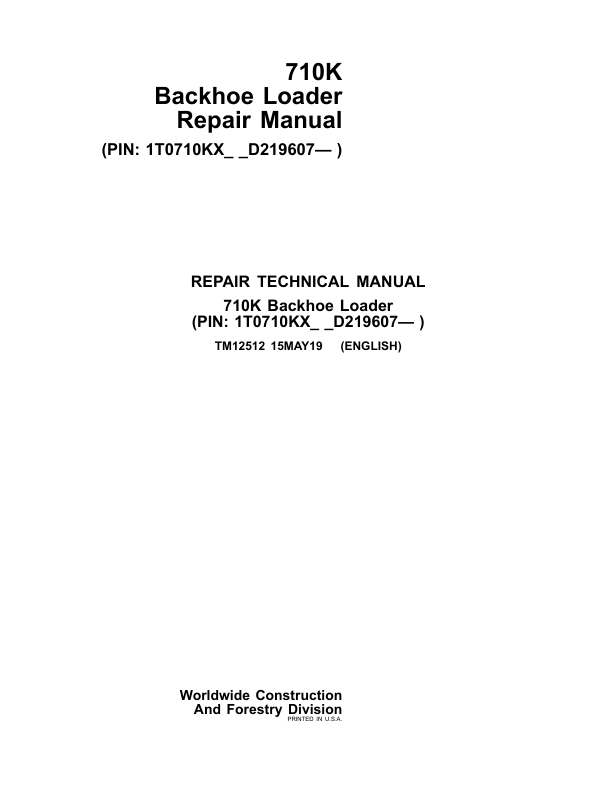John Deere 710K Backhoe Loader Repair Manual TM12512 - Image 2
