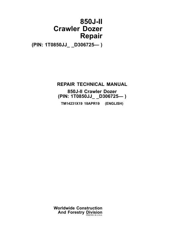 John Deere 850J-II Crawler Dozer Repair Manual TM14231X19 - Image 2