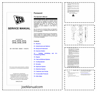 JCB JS115 JS130 JS145 JS160 JS180 JS190 Excvators Service Manual 9813/7200