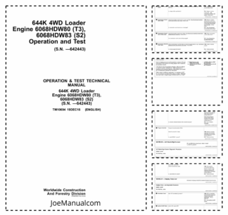 John Deere 644K 4WD Engine 6068HDW T3 S2 Wheel Loader Operation and Test Technical Manual TM10694