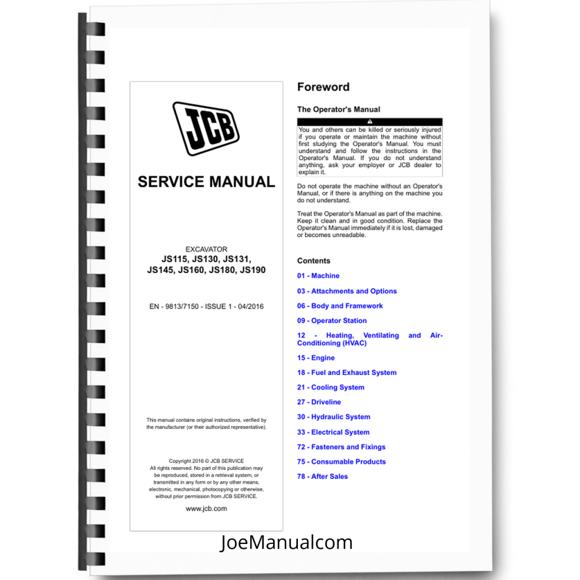 JCB JS115 JS130 JS145 JS160 JS180 JS190 Excvators Service Manual 9813/7150 Printed Book