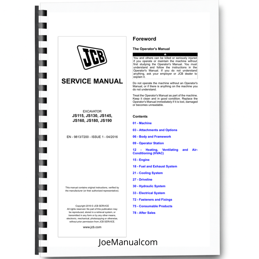 JCB JS115 JS130 JS145 JS160 JS180 JS190 Excvators Service Manual 9813/7200 Printed Book