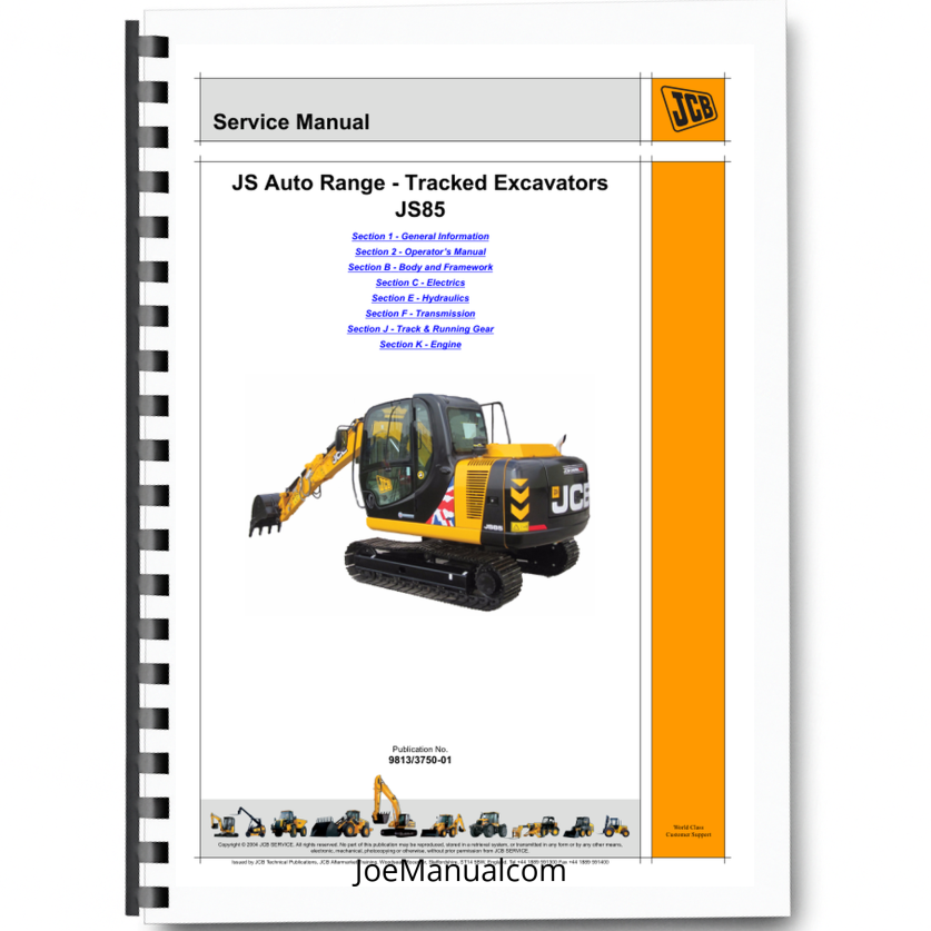 JCB JS Auto Range Tracked Excavators JS85 Service Manual 9813/3750-01 Printed Book