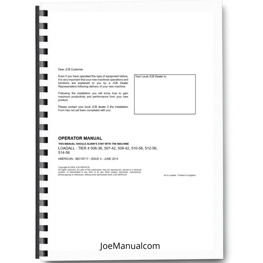 JCB 506-36 507-42 509-42 510-56 512-56 514-56 Loadall Tier 4 Operation Manual Printed Book