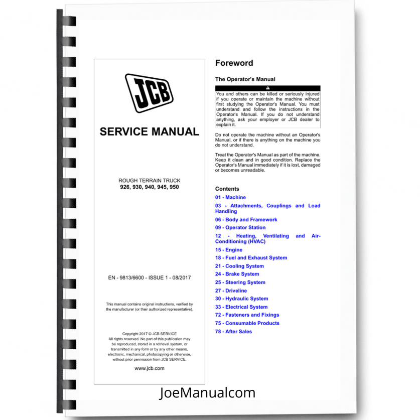 JCB 926 930 940 945 950 Rough Terrain Truck Forklift Service Manual 9813/6600 Printed Book