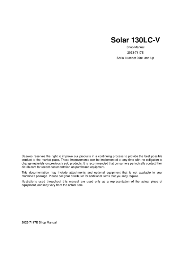 Daewoo Doosan Solar 130LC-V Excavator Shop Manual 0001 and UP - Image 2