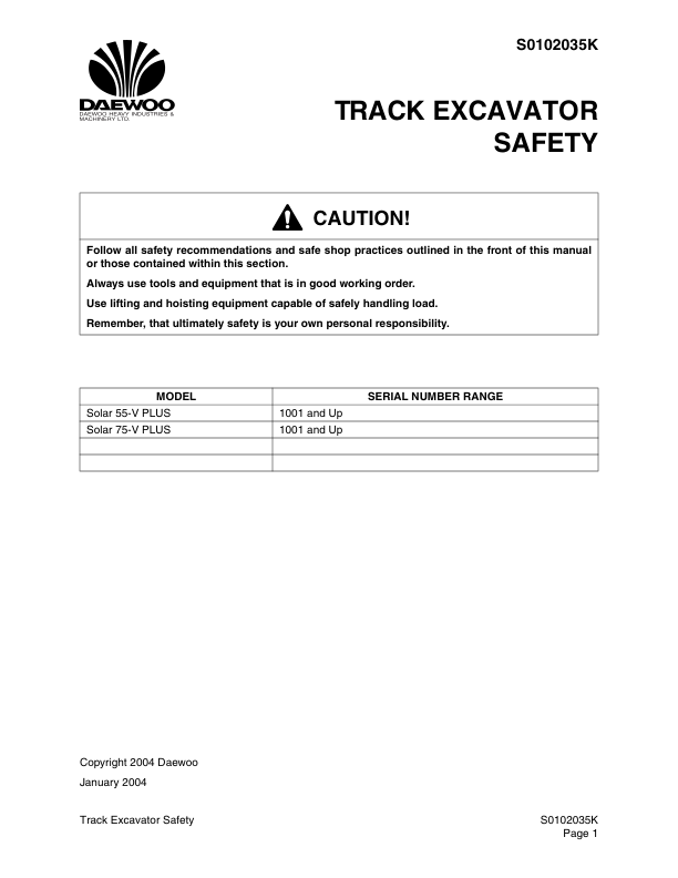 Doosan Solar 75-V Excavator Workshop Manual SN 1001 and UP - Image 4