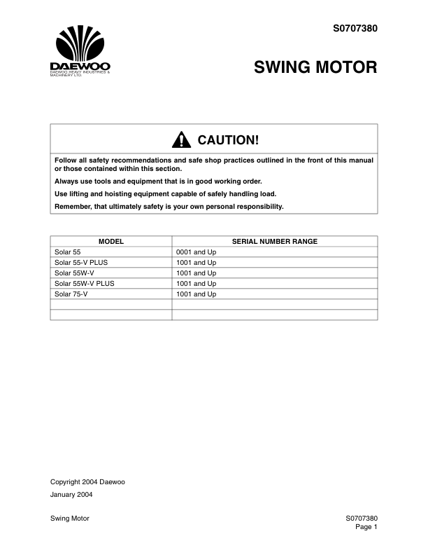 Doosan Solar 75-V Excavator Workshop Manual SN 1001 and UP - Image 8