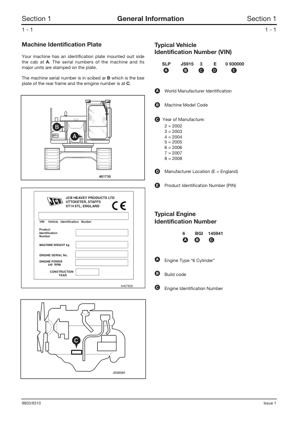 JCB JS200 JS210 JS220 Excavator Service Manual 9803/6610-1 - Image 7