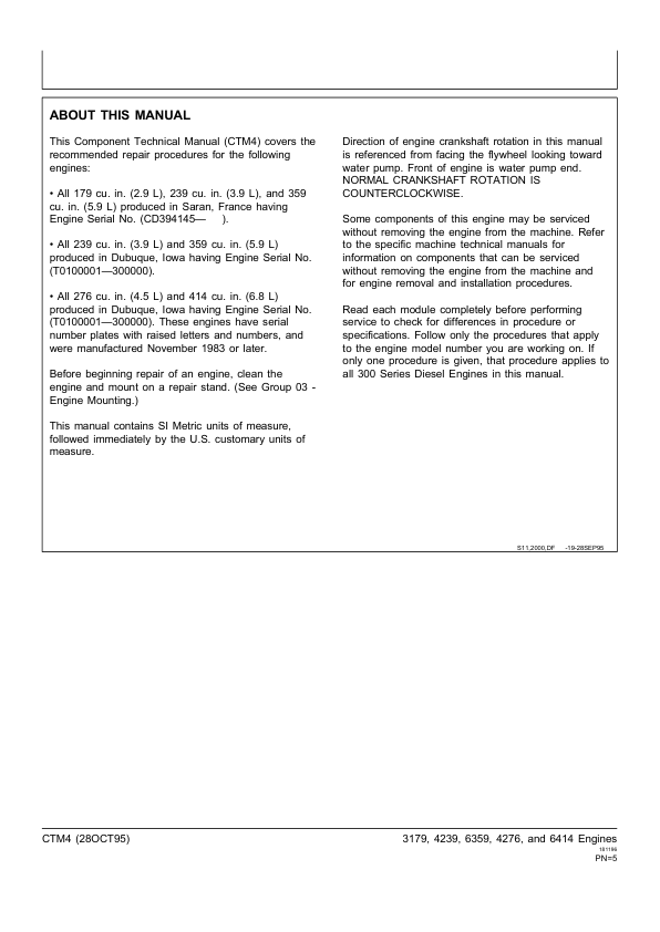 John Deere Series 300 3179 4239 6359 4276 and 6414 Diesel Engine Service Manual CTM4 28OCT95 - Image 7
