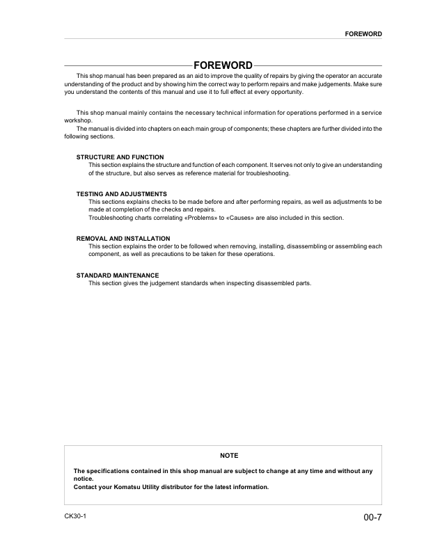 Komatsu CK30-1 Compact Track Loader Workshop Manual SN A30001 and UP - Image 7