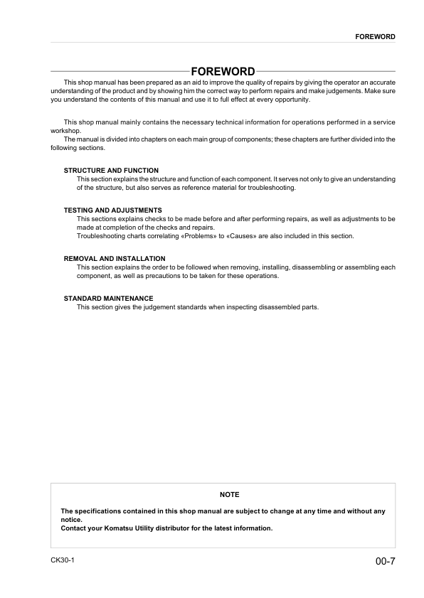 Komatsu CK30-1 Skid Steer Workshop Manual SN F00003 and UP - Image 7