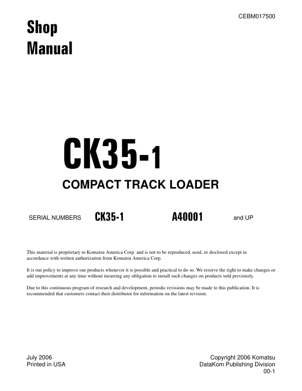 Komatsu CK35-1 Compact Track Loader Workshop Manual SN A40001 and UP - Image 2