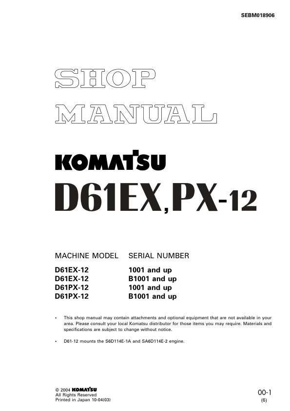 Komatsu D61EX PX-12 Dozer Workshop Manual SN 1001 B1001 and UP - Image 2