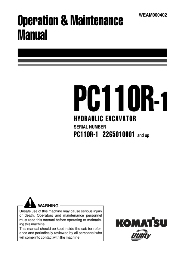 Komatsu PC110R-1 Excavator Operation and Maintenance Manual SN 2265010001 and UP - Image 2