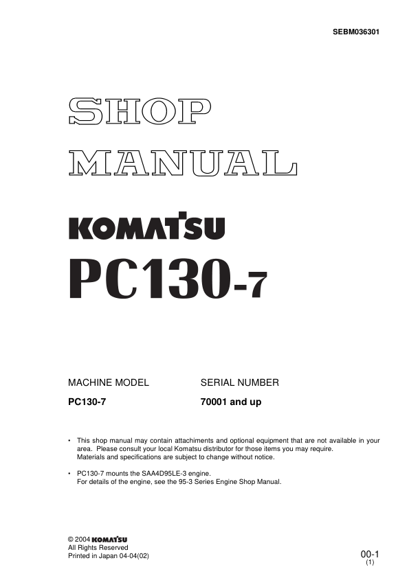Komatsu PC130-7 Excavator Workshop Manual SN 70001 and UP - Image 2