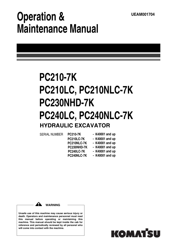Komatsu PC210-7K PC210LC PC210NLC-7K PC230NHD-7K PC240LC NLC-7K Excavator Operation Manual - Image 2