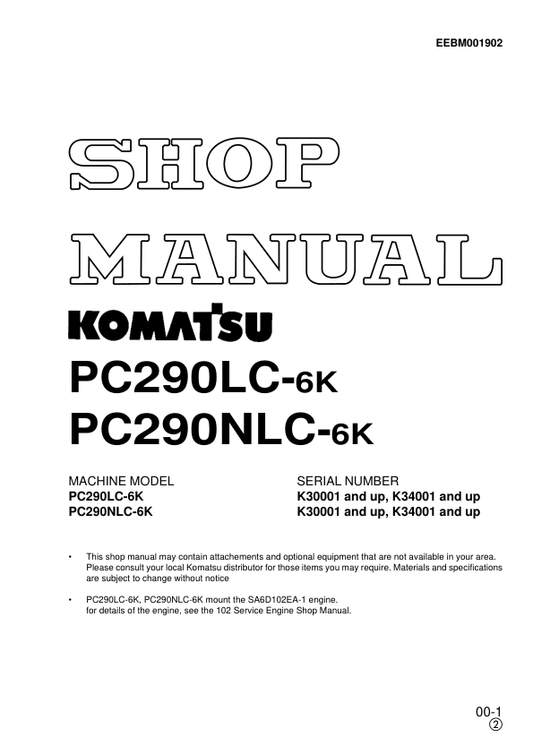 Komatsu PC290LC-6K PC290NLC-6K Excavator Workshop Manual SN K30001 K34001 - Image 2