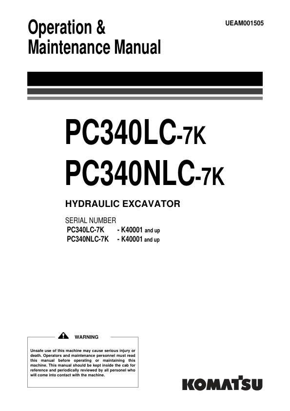 Komatsu PC340LC-7K PC340NLC-7K Excavator Operation and Maintenance Manual SN K40001 and UP - Image 2