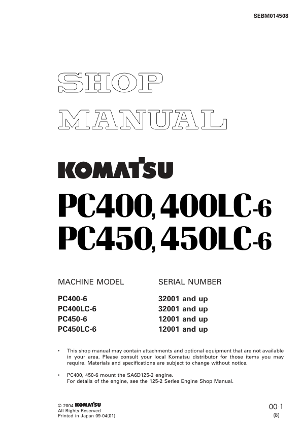 Komatsu PC400 PC450 LC-6 Excavator Workshop Manual SN 32001 12001 and UP - Image 2