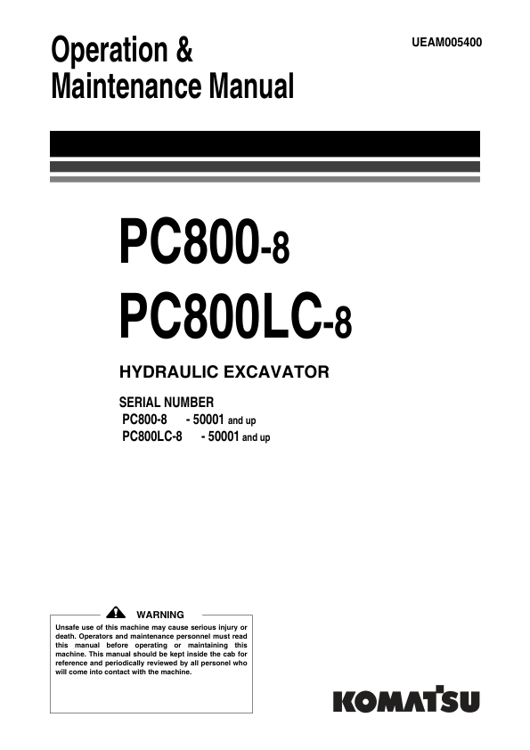 Komatsu PC800-8 PC800LC-8 Excavator Operation and Maintenance Manual SN 50001 and UP - Image 2