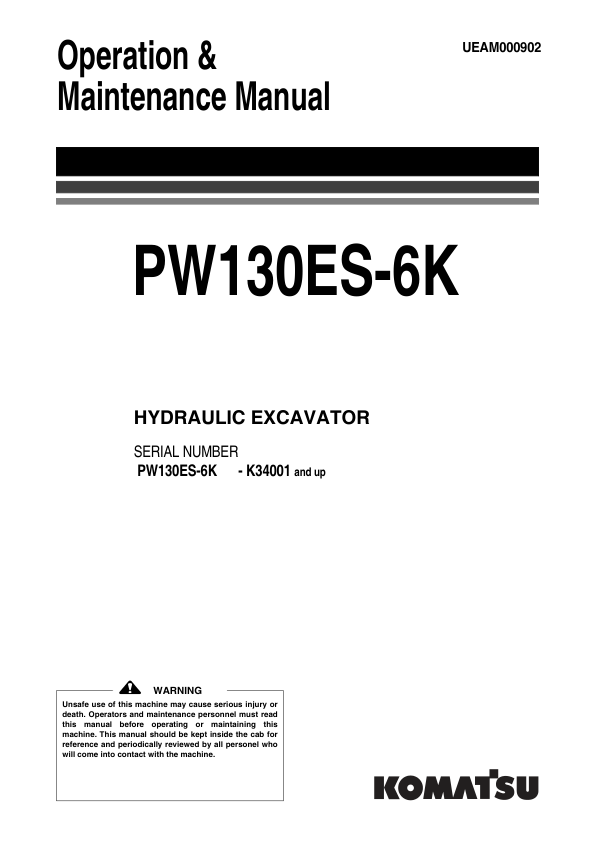 Komatsu PW130ES-6K Excavator Operation and Maintenance Manual SN K34001 and UP - Image 2